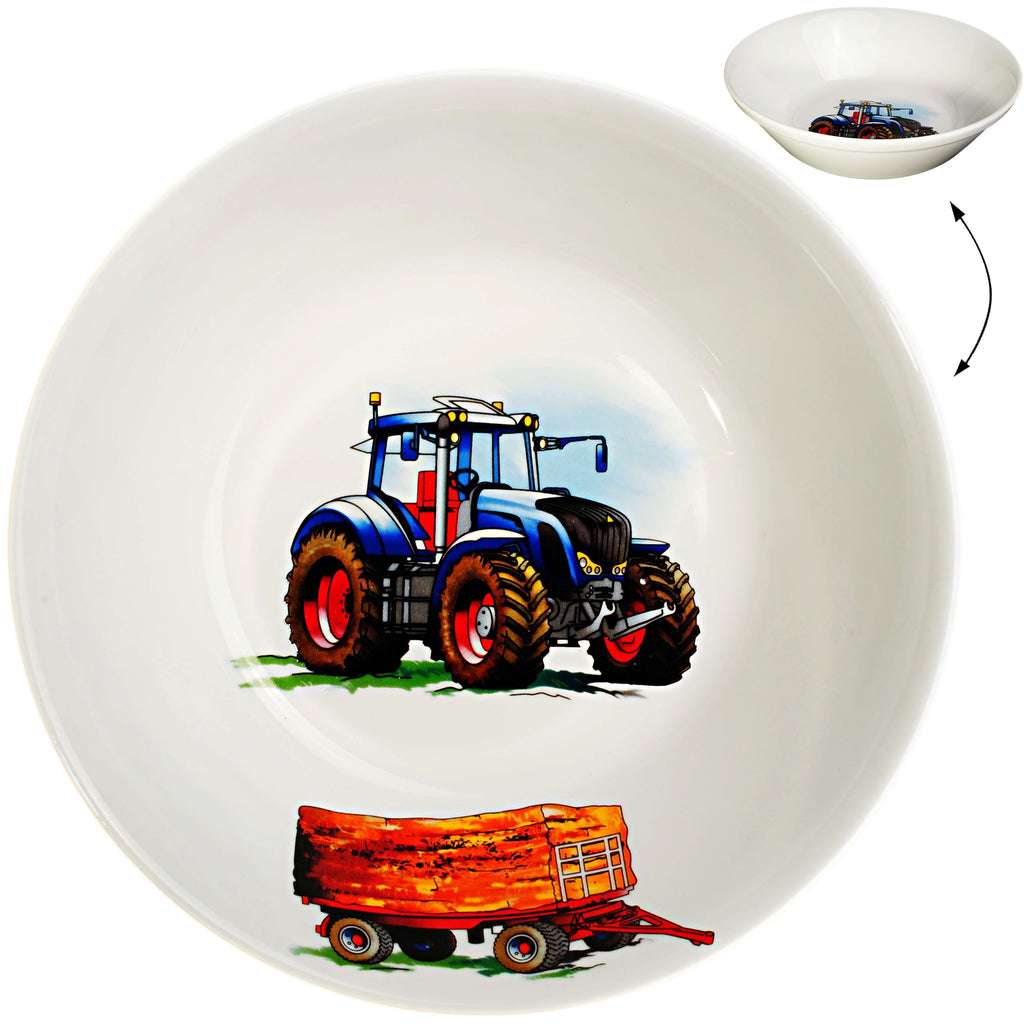 alles-meine.de GmbH 3 TLG. Geschirrset großer Teller/Kinderteller + Schüssel + Henkeltasse - Traktor - Trecker mit Anhänger - Bauernhof - aus Porzellan/Keramik - Tasse ..