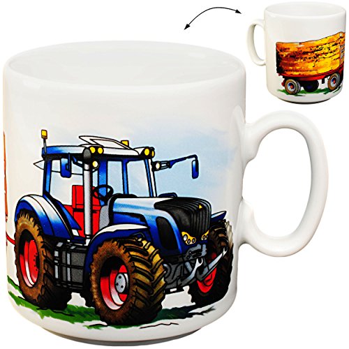 alles-meine.de GmbH 3 TLG. Geschirrset großer Teller/Kinderteller + Schüssel + Henkeltasse - Traktor - Trecker mit Anhänger - Bauernhof - aus Porzellan/Keramik - Tasse ..