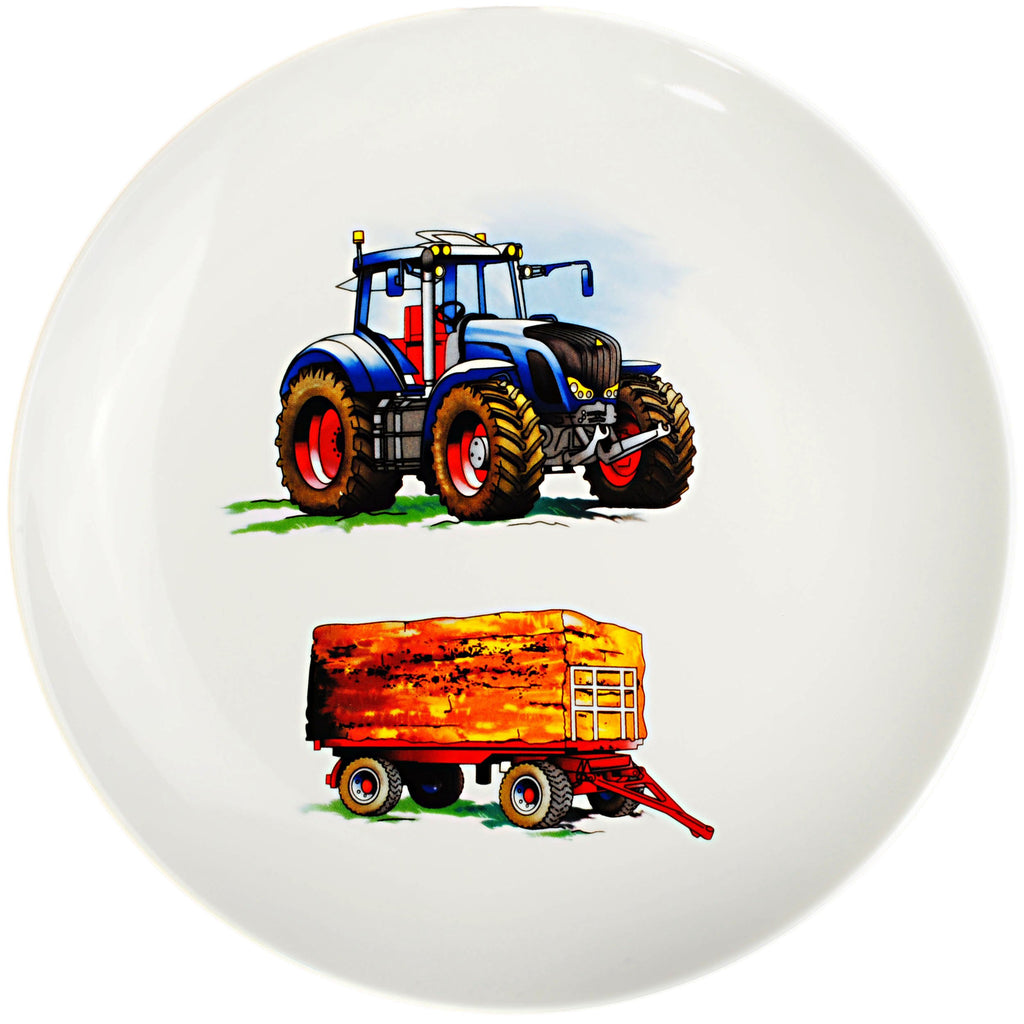 alles-meine.de GmbH 3 TLG. Geschirrset großer Teller/Kinderteller + Schüssel + Henkeltasse - Traktor - Trecker mit Anhänger - Bauernhof - aus Porzellan/Keramik - Tasse ..