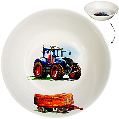 alles-meine.de GmbH 3 TLG. Geschirrset großer Teller/Kinderteller + Schüssel + Henkeltasse - Traktor - Trecker mit Anhänger - Bauernhof - aus Porzellan/Keramik - Tasse ..
