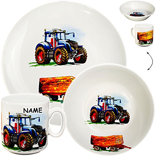 alles-meine.de GmbH 3 TLG. Geschirrset großer Teller/Kinderteller + Schüssel + Henkeltasse - Traktor - Trecker mit Anhänger - Bauernhof - aus Porzellan/Keramik - Tasse ..