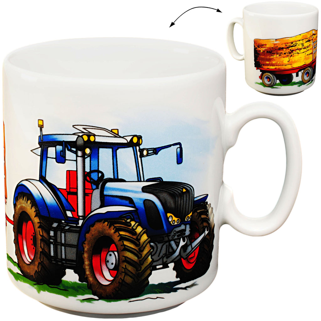 alles-meine.de GmbH 3 TLG. Geschirrset großer Teller/Kinderteller + Schüssel + Henkeltasse - Traktor - Trecker mit Anhänger - Bauernhof - aus Porzellan/Keramik - Tasse ..