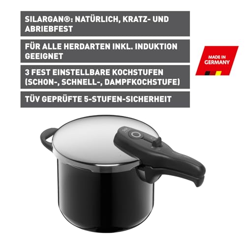 Silit Sicomatic t-plus Schnellkochtopf 6,5l, Schnelltopf 22 cm, Silargan Funktionskeramik, Induktion, 3 Kochstufen, Einhand-Drehregler, schwarz