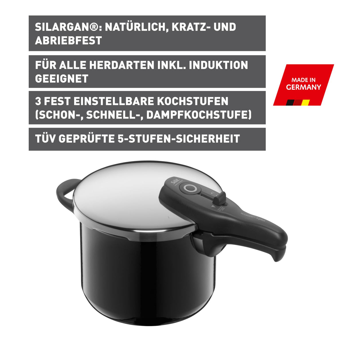 Silit Sicomatic t-plus Schnellkochtopf 6,5l, Schnelltopf 22 cm, Silargan Funktionskeramik, Induktion, 3 Kochstufen, Einhand-Drehregler, schwarz