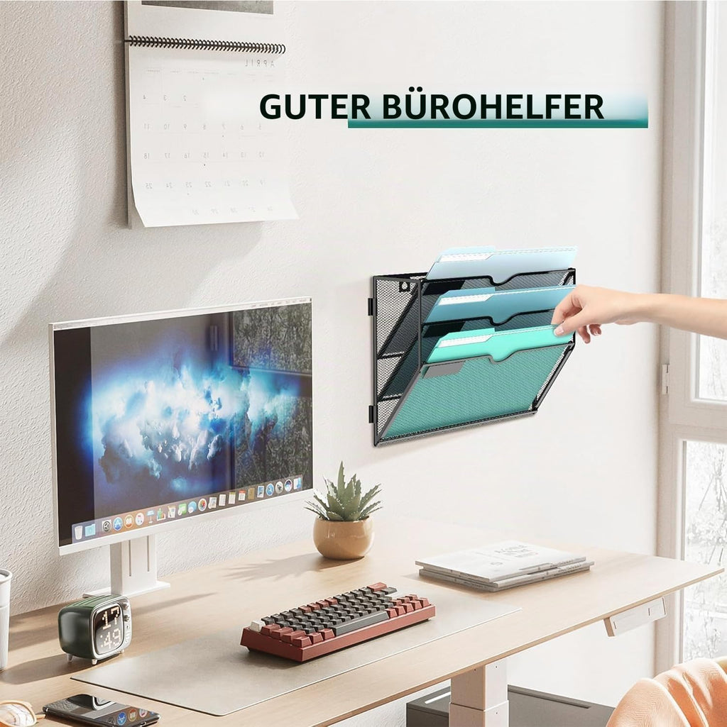 3-stöckiger Wand Zeitungshalter, Praktischer Wandorganizer Büro, A4 Dokumentenablage, Metall Prospekthalter, Zeitschriftenhalter Wand, Montage erforderlich, Schwarz