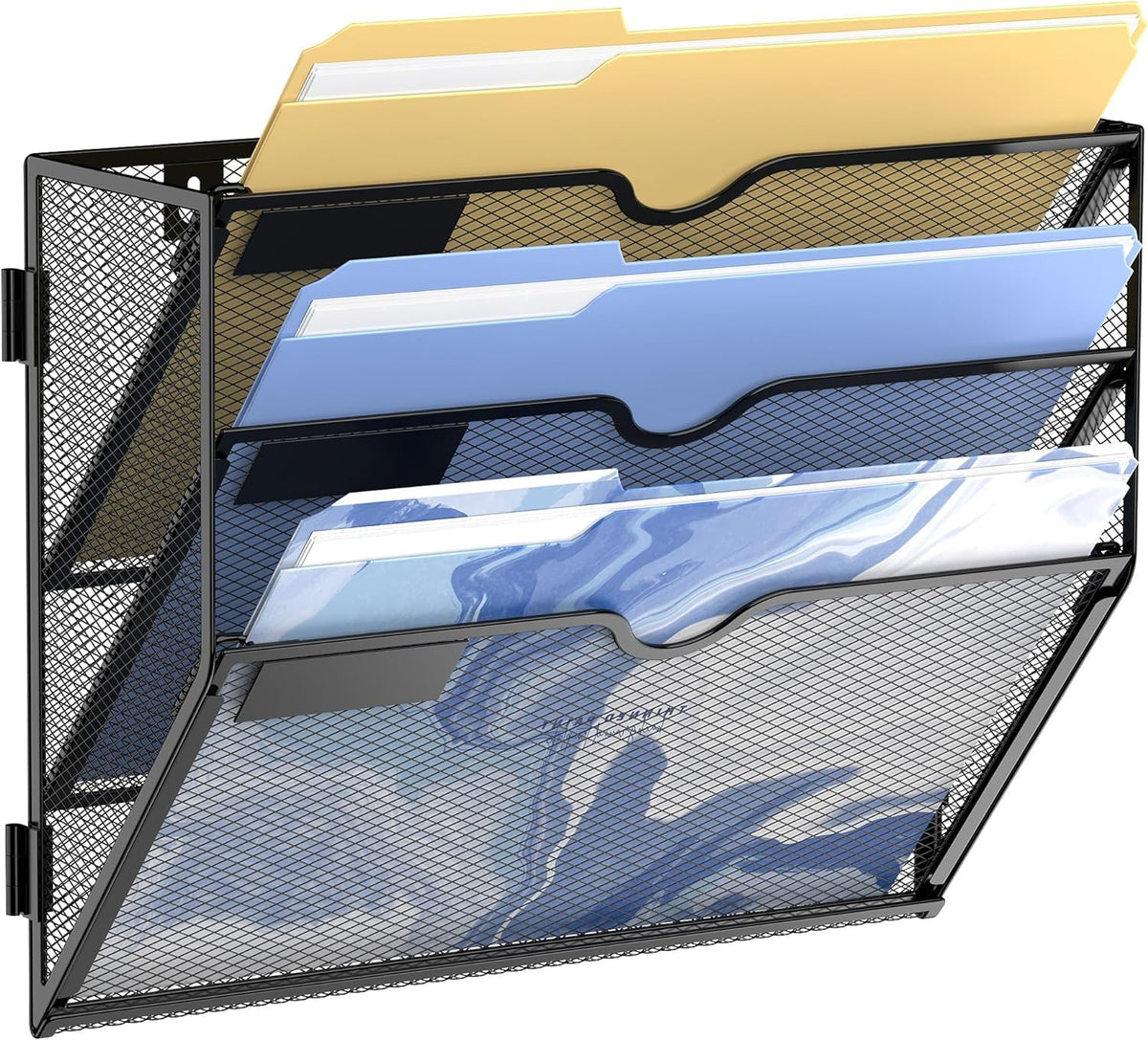 3-stöckiger Wand Zeitungshalter, Praktischer Wandorganizer Büro, A4 Dokumentenablage, Metall Prospekthalter, Zeitschriftenhalter Wand, Montage erforderlich, Schwarz