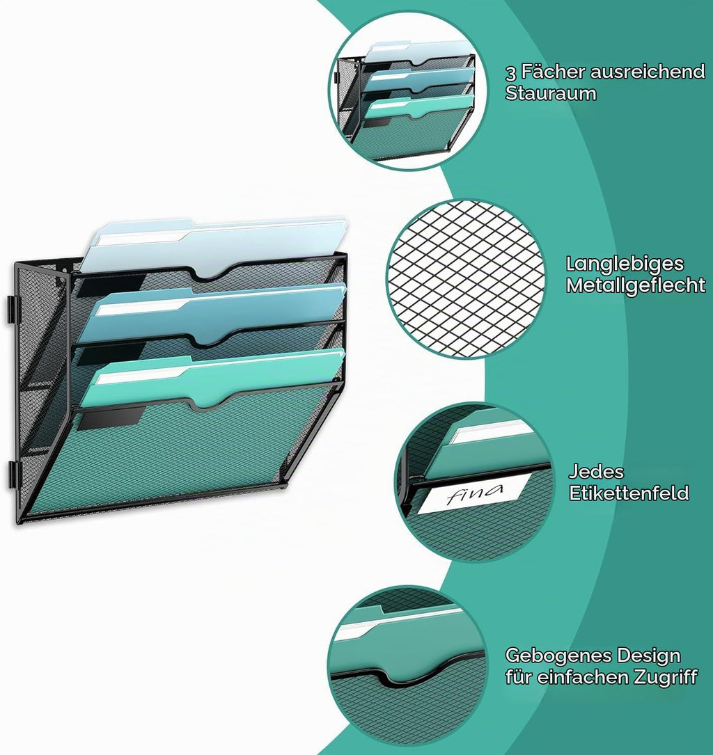 3-stöckiger Wand Zeitungshalter, Praktischer Wandorganizer Büro, A4 Dokumentenablage, Metall Prospekthalter, Zeitschriftenhalter Wand, Montage erforderlich, Schwarz