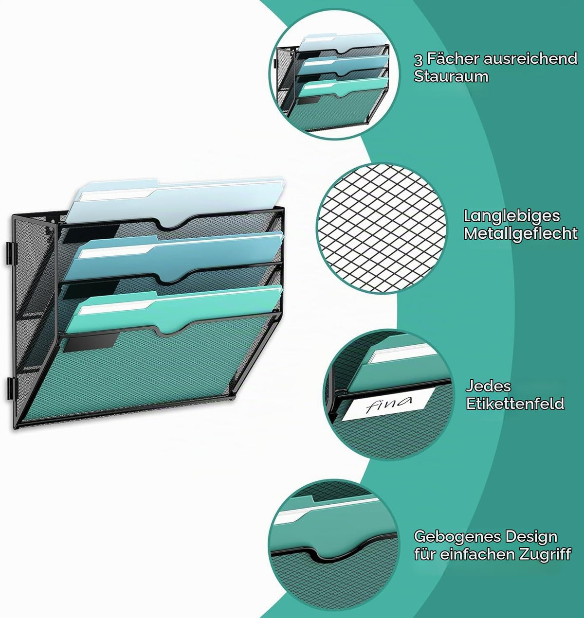 3-stöckiger Wand Zeitungshalter, Praktischer Wandorganizer Büro, A4 Dokumentenablage, Metall Prospekthalter, Zeitschriftenhalter Wand, Montage erforderlich, Schwarz