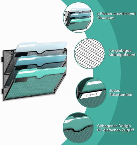 3-stöckiger Wand Zeitungshalter, Praktischer Wandorganizer Büro, A4 Dokumentenablage, Metall Prospekthalter, Zeitschriftenhalter Wand, Montage erforderlich, Schwarz