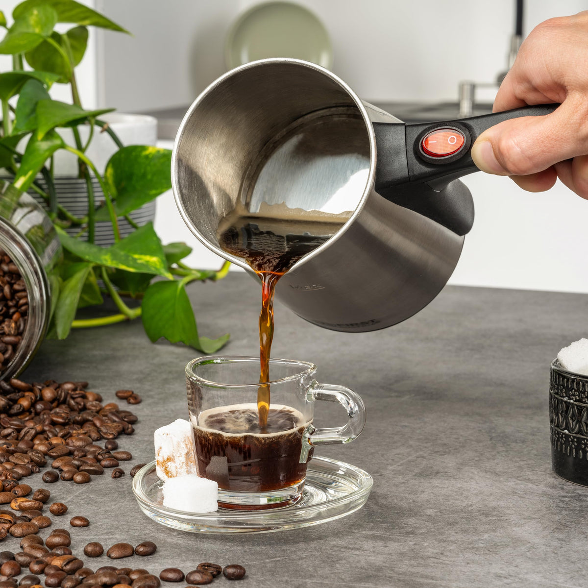 TZS First Austria Elektrischer Türkischer Kaffeekocher 0,35 Liter 800W | Mokkakocher, Espressokocher & Wasserkocher | aus Edelstahl, mit rutschfestem Griff | geeignet für Zuhause, Büro, Reisen