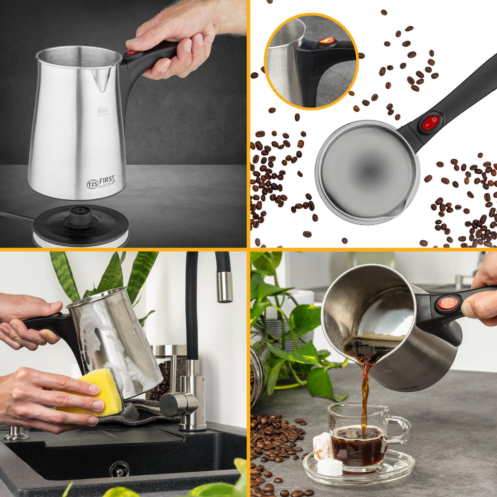 TZS First Austria Elektrischer Türkischer Kaffeekocher 0,35 Liter 800W | Mokkakocher, Espressokocher & Wasserkocher | aus Edelstahl, mit rutschfestem Griff | geeignet für Zuhause, Büro, Reisen