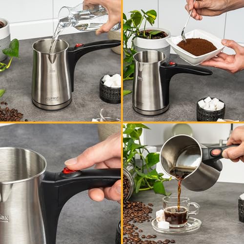 TZS First Austria Elektrischer Türkischer Kaffeekocher 0,35 Liter 800W | Mokkakocher, Espressokocher & Wasserkocher | aus Edelstahl, mit rutschfestem Griff | geeignet für Zuhause, Büro, Reisen