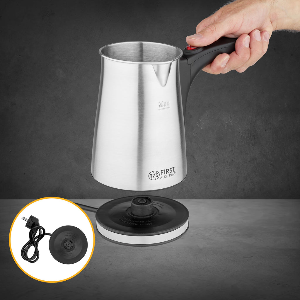 TZS First Austria Elektrischer Türkischer Kaffeekocher 0,35 Liter 800W | Mokkakocher, Espressokocher & Wasserkocher | aus Edelstahl, mit rutschfestem Griff | geeignet für Zuhause, Büro, Reisen