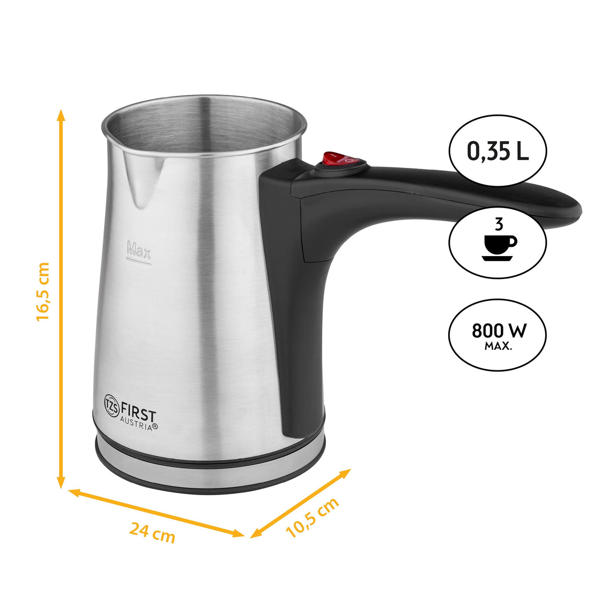 TZS First Austria Elektrischer Türkischer Kaffeekocher 0,35 Liter 800W | Mokkakocher, Espressokocher & Wasserkocher | aus Edelstahl, mit rutschfestem Griff | geeignet für Zuhause, Büro, Reisen