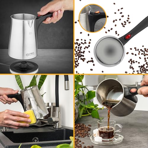 TZS First Austria Elektrischer Türkischer Kaffeekocher 0,35 Liter 800W | Mokkakocher, Espressokocher & Wasserkocher | aus Edelstahl, mit rutschfestem Griff | geeignet für Zuhause, Büro, Reisen