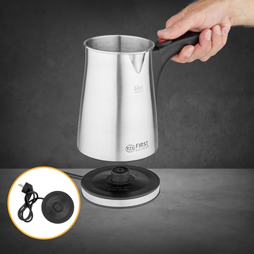 TZS First Austria Elektrischer Türkischer Kaffeekocher 0,35 Liter 800W | Mokkakocher, Espressokocher & Wasserkocher | aus Edelstahl, mit rutschfestem Griff | geeignet für Zuhause, Büro, Reisen