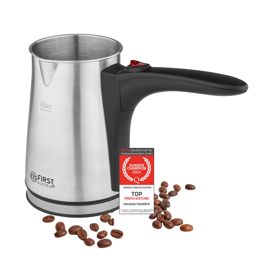 TZS First Austria Elektrischer Türkischer Kaffeekocher 0,35 Liter 800W | Mokkakocher, Espressokocher & Wasserkocher | aus Edelstahl, mit rutschfestem Griff | geeignet für Zuhause, Büro, Reisen