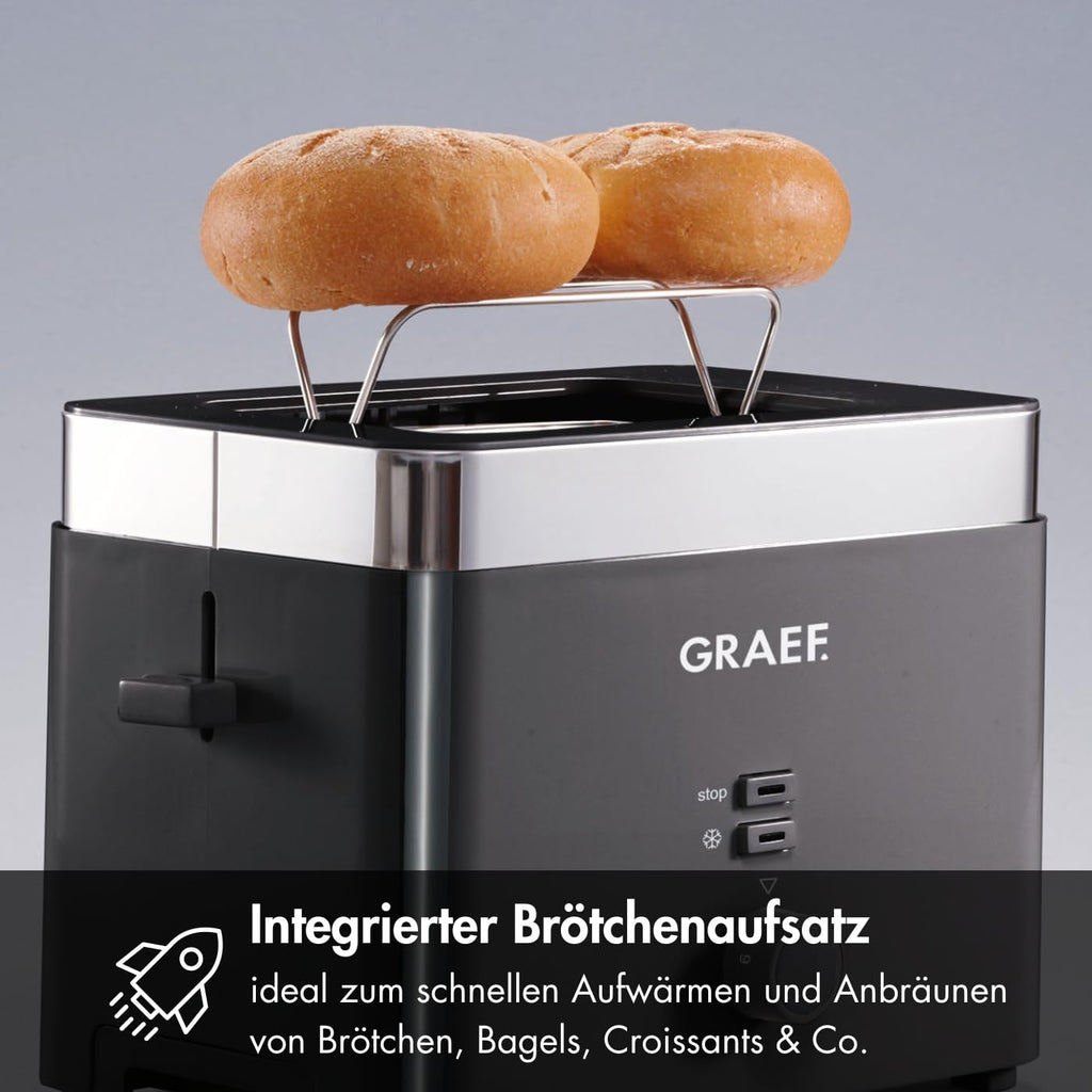 GRAEF Toaster TO62 Schwarz 2-Scheiben Toaster mit Brötchenaufsatz, Sicherheitsabschaltung, Brotscheibenzentrierung und Krümelschublade