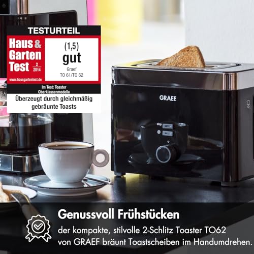 GRAEF Toaster TO62 Schwarz 2-Scheiben Toaster mit Brötchenaufsatz, Sicherheitsabschaltung, Brotscheibenzentrierung und Krümelschublade