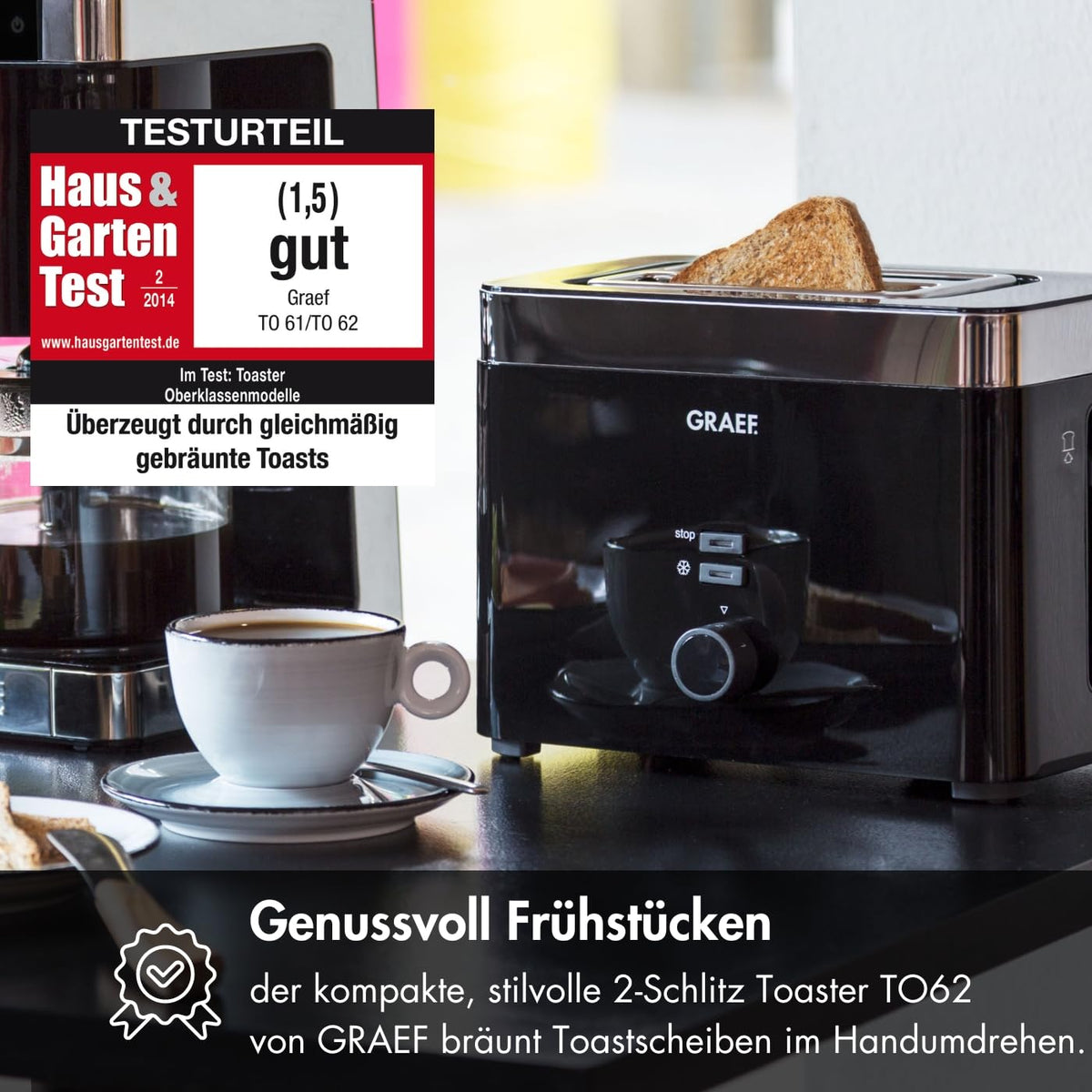 GRAEF Toaster TO62 Schwarz 2-Scheiben Toaster mit Brötchenaufsatz, Sicherheitsabschaltung, Brotscheibenzentrierung und Krümelschublade