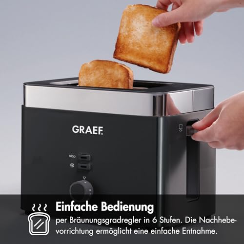 GRAEF Toaster TO62 Schwarz 2-Scheiben Toaster mit Brötchenaufsatz, Sicherheitsabschaltung, Brotscheibenzentrierung und Krümelschublade