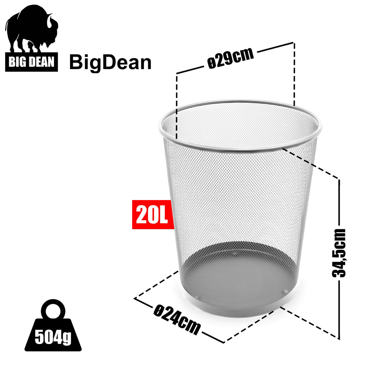 BigDean Papierkorb Mülleimer Silber 20L Draht vielseitiger Mülleimer