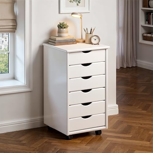 Inter Link – Rollcontainer – Rollcontainer mit 6 Schubladen – Bürocontainer - Rollschrank – Rollwagen – Schubladenkommode - Massiv Kieferholz – Weiß Lackiert - 35 x 40 x 65 cm - Simon