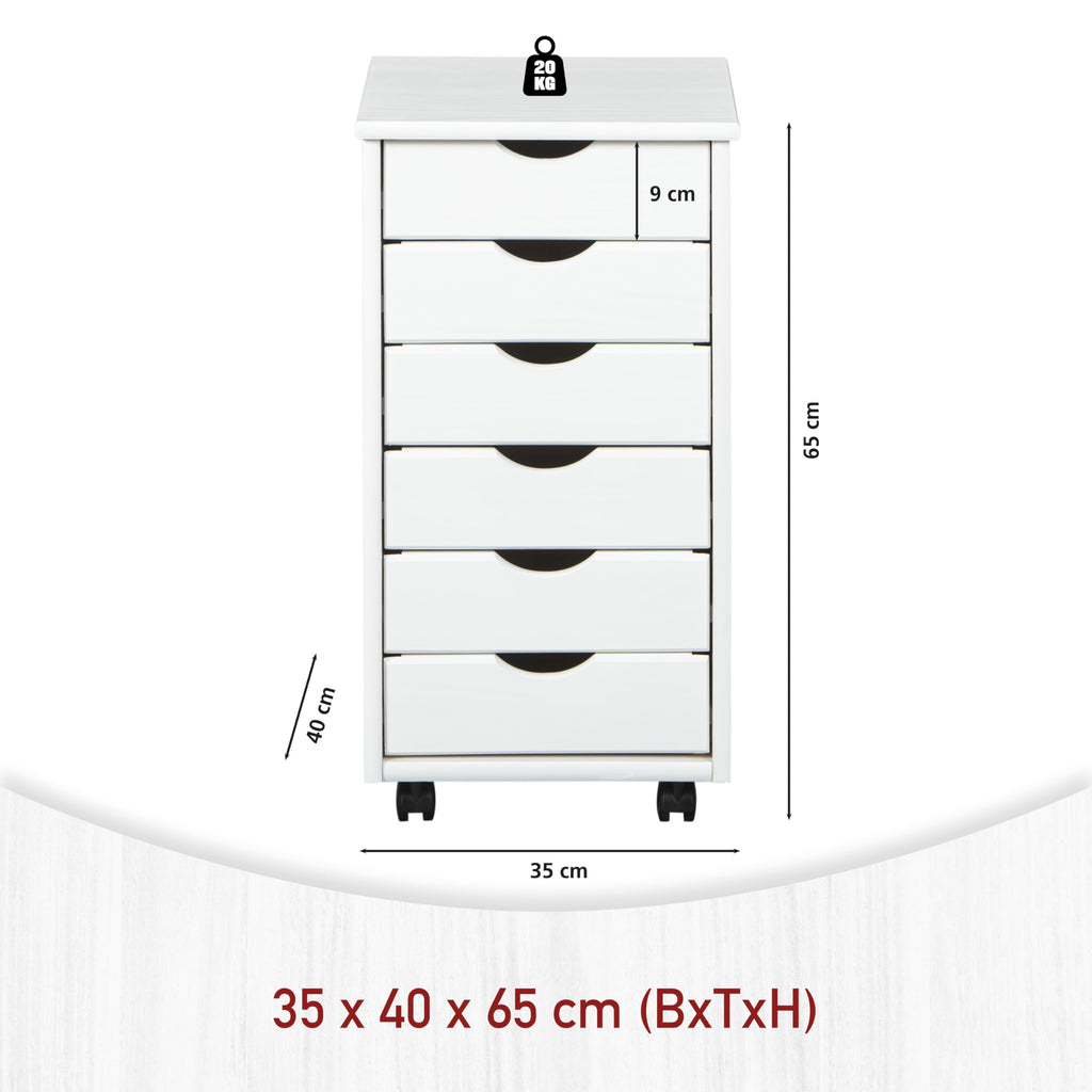 Inter Link – Rollcontainer – Rollcontainer mit 6 Schubladen – Bürocontainer - Rollschrank – Rollwagen – Schubladenkommode - Massiv Kieferholz – Weiß Lackiert - 35 x 40 x 65 cm - Simon