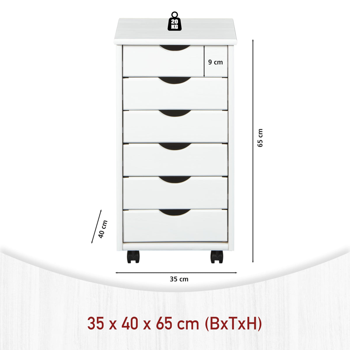 Inter Link – Rollcontainer – Rollcontainer mit 6 Schubladen – Bürocontainer - Rollschrank – Rollwagen – Schubladenkommode - Massiv Kieferholz – Weiß Lackiert - 35 x 40 x 65 cm - Simon