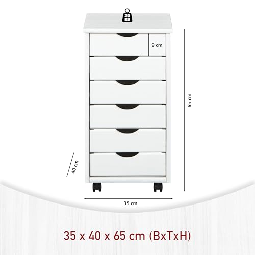 Inter Link – Rollcontainer – Rollcontainer mit 6 Schubladen – Bürocontainer - Rollschrank – Rollwagen – Schubladenkommode - Massiv Kieferholz – Weiß Lackiert - 35 x 40 x 65 cm - Simon