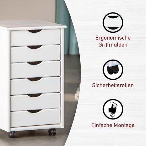 Inter Link – Rollcontainer – Rollcontainer mit 6 Schubladen – Bürocontainer - Rollschrank – Rollwagen – Schubladenkommode - Massiv Kieferholz – Weiß Lackiert - 35 x 40 x 65 cm - Simon