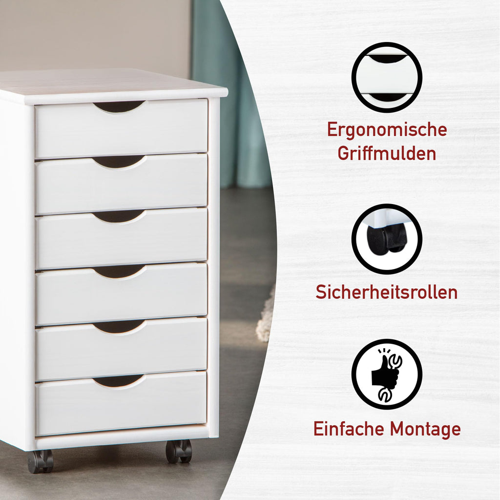 Inter Link – Rollcontainer – Rollcontainer mit 6 Schubladen – Bürocontainer - Rollschrank – Rollwagen – Schubladenkommode - Massiv Kieferholz – Weiß Lackiert - 35 x 40 x 65 cm - Simon