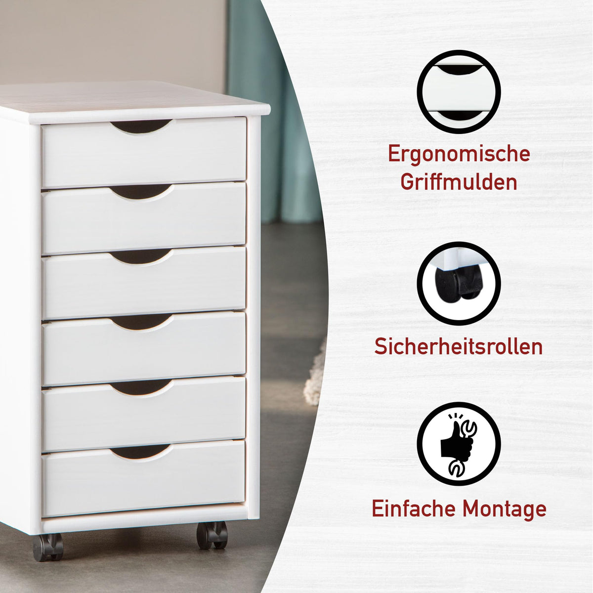 Inter Link – Rollcontainer – Rollcontainer mit 6 Schubladen – Bürocontainer - Rollschrank – Rollwagen – Schubladenkommode - Massiv Kieferholz – Weiß Lackiert - 35 x 40 x 65 cm - Simon