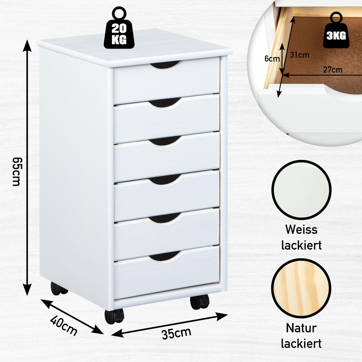 Inter Link – Rollcontainer – Rollcontainer mit 6 Schubladen – Bürocontainer - Rollschrank – Rollwagen – Schubladenkommode - Massiv Kieferholz – Weiß Lackiert - 35 x 40 x 65 cm - Simon