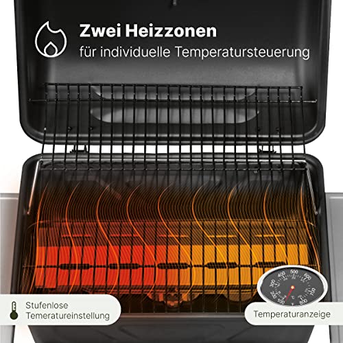 Clatronic® Gasgrill mit 2 Heizzonen | individuelle Temperatursteuerung | inkl. Grillrost + Warmhalterost | Grill mit praktischem Ablagekorb und großem Stauraum für Gasflasche | GG 3590