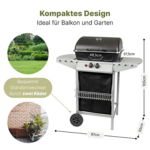 Clatronic® Gasgrill mit 2 Heizzonen | individuelle Temperatursteuerung | inkl. Grillrost + Warmhalterost | Grill mit praktischem Ablagekorb und großem Stauraum für Gasflasche | GG 3590