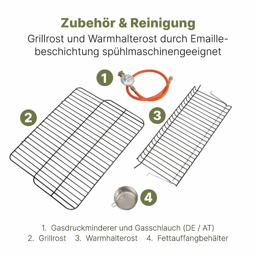 Clatronic® Gasgrill mit 2 Heizzonen | individuelle Temperatursteuerung | inkl. Grillrost + Warmhalterost | Grill mit praktischem Ablagekorb und großem Stauraum für Gasflasche | GG 3590