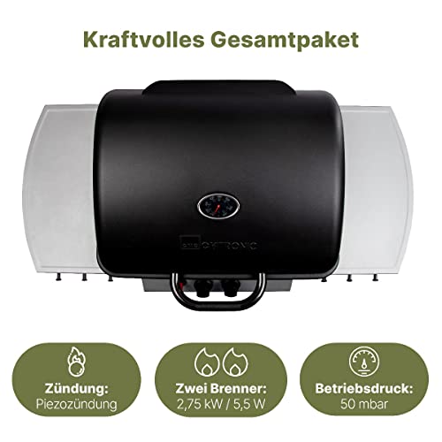 Clatronic® Gasgrill mit 2 Heizzonen | individuelle Temperatursteuerung | inkl. Grillrost + Warmhalterost | Grill mit praktischem Ablagekorb und großem Stauraum für Gasflasche | GG 3590
