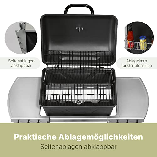 Clatronic® Gasgrill mit 2 Heizzonen | individuelle Temperatursteuerung | inkl. Grillrost + Warmhalterost | Grill mit praktischem Ablagekorb und großem Stauraum für Gasflasche | GG 3590