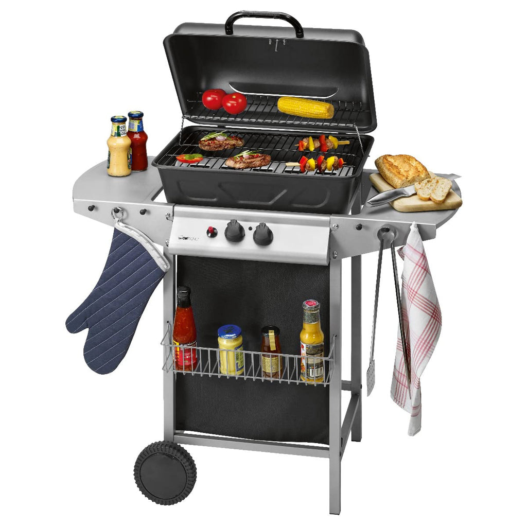 Clatronic® Gasgrill mit 2 Heizzonen | individuelle Temperatursteuerung | inkl. Grillrost + Warmhalterost | Grill mit praktischem Ablagekorb und großem Stauraum für Gasflasche | GG 3590