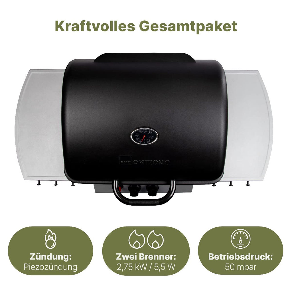 Clatronic® Gasgrill mit 2 Heizzonen | individuelle Temperatursteuerung | inkl. Grillrost + Warmhalterost | Grill mit praktischem Ablagekorb und großem Stauraum für Gasflasche | GG 3590