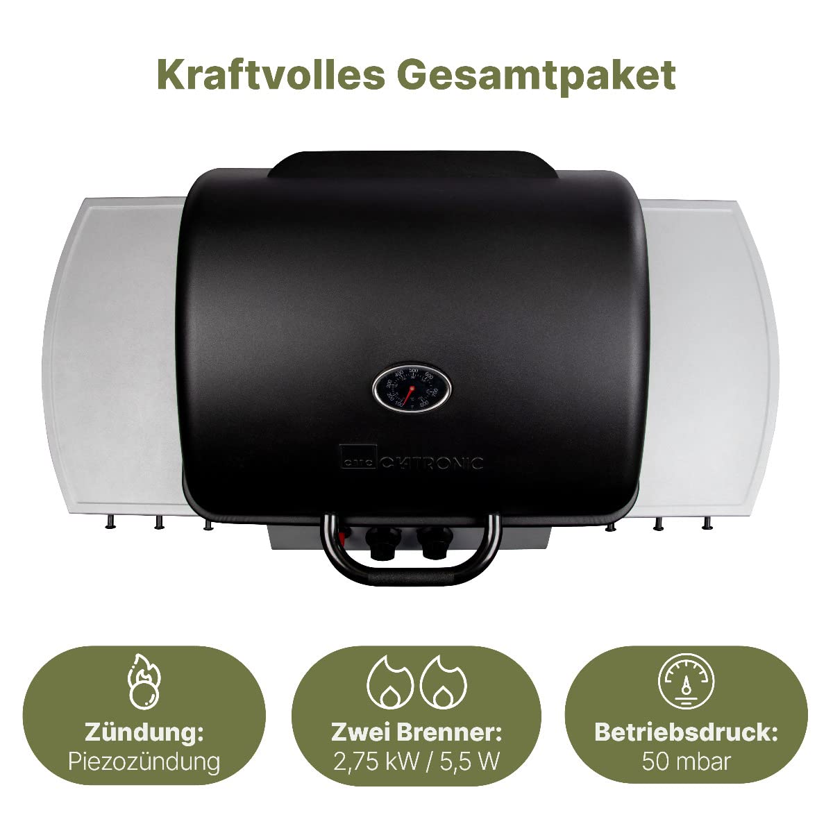 Clatronic® Gasgrill mit 2 Heizzonen | individuelle Temperatursteuerung | inkl. Grillrost + Warmhalterost | Grill mit praktischem Ablagekorb und großem Stauraum für Gasflasche | GG 3590