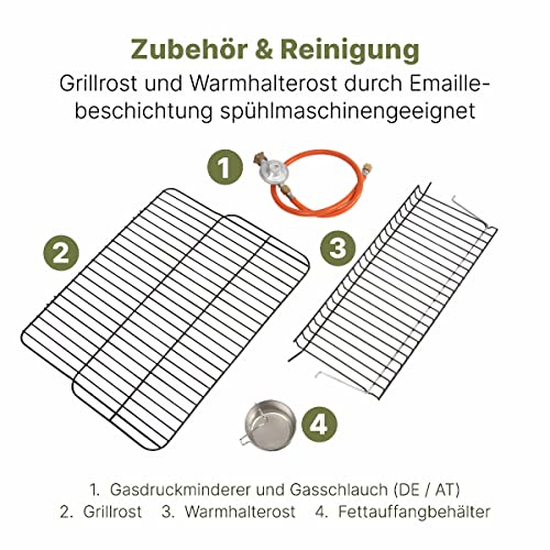 Clatronic® Gasgrill mit 2 Heizzonen | individuelle Temperatursteuerung | inkl. Grillrost + Warmhalterost | Grill mit praktischem Ablagekorb und großem Stauraum für Gasflasche | GG 3590