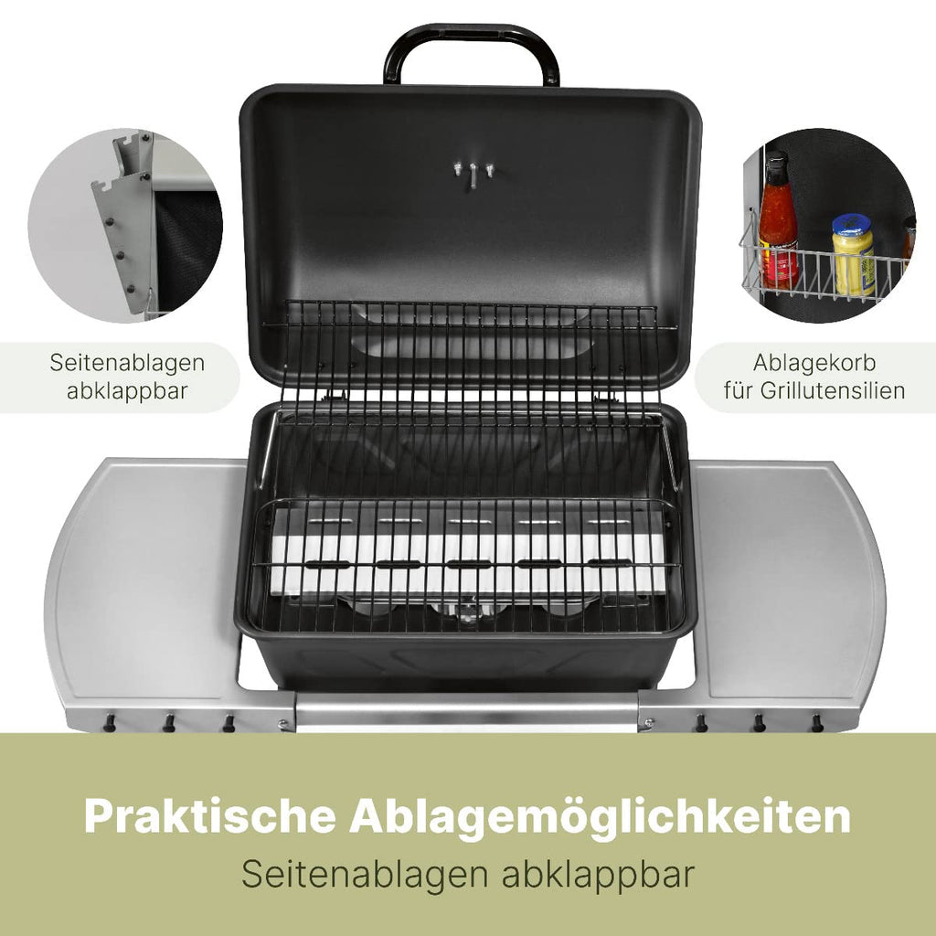 Clatronic® Gasgrill mit 2 Heizzonen | individuelle Temperatursteuerung | inkl. Grillrost + Warmhalterost | Grill mit praktischem Ablagekorb und großem Stauraum für Gasflasche | GG 3590