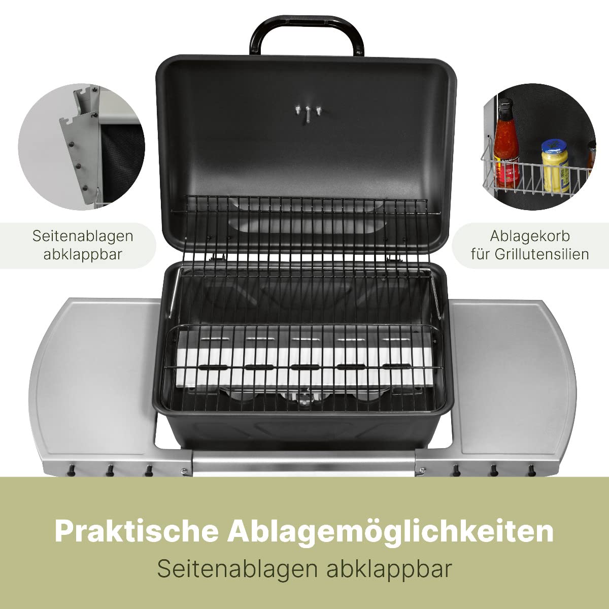 Clatronic® Gasgrill mit 2 Heizzonen | individuelle Temperatursteuerung | inkl. Grillrost + Warmhalterost | Grill mit praktischem Ablagekorb und großem Stauraum für Gasflasche | GG 3590