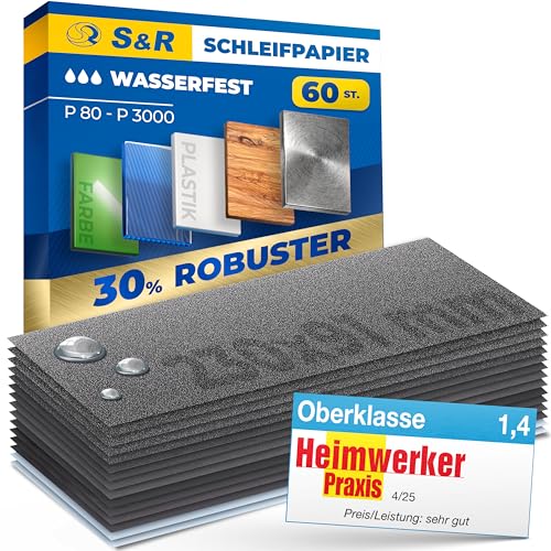 S&R Wasserfestes Schleifpapier Set 60 Stk, Schleifblätter, Schmirgelpapier