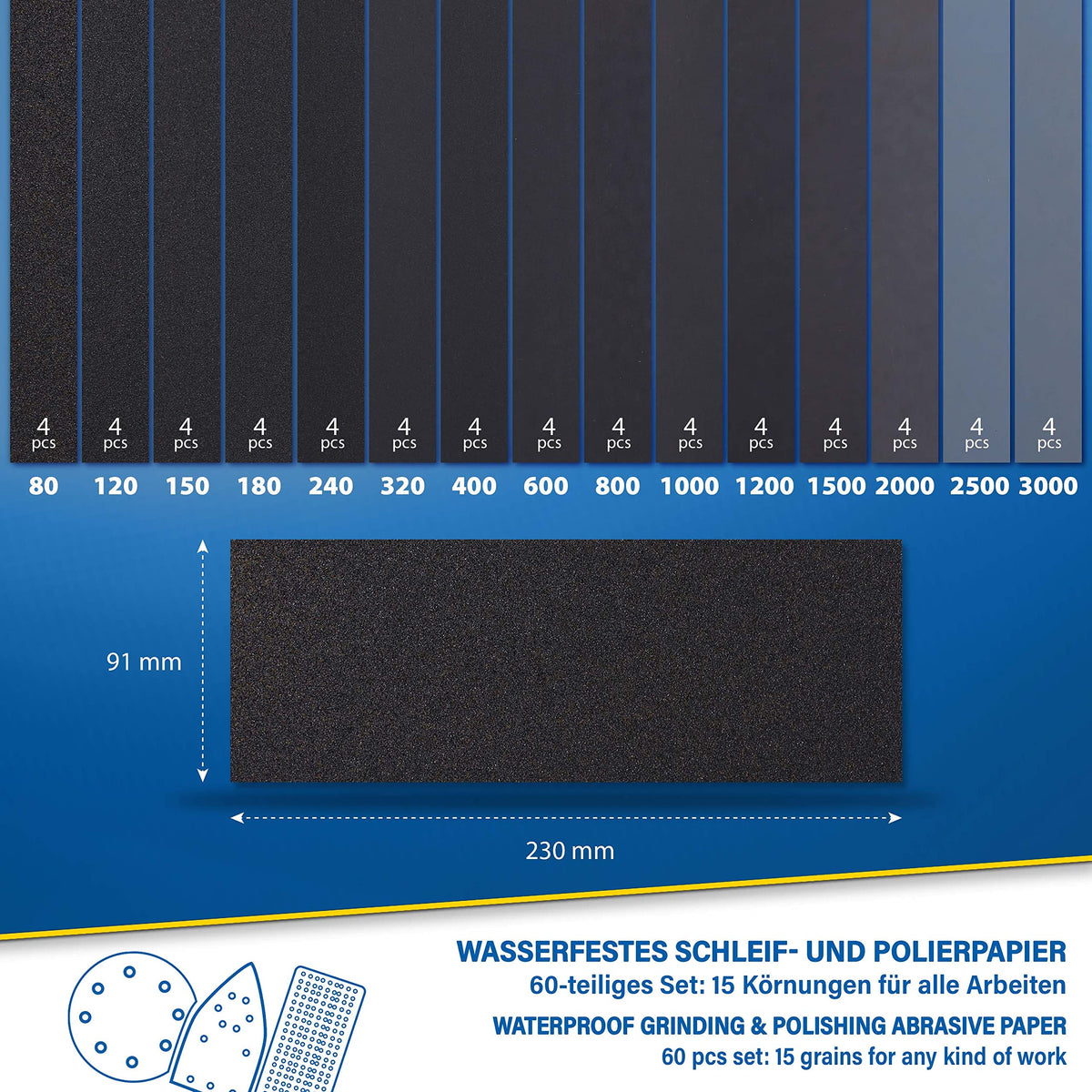 S&R Wasserfestes Schleifpapier Set 60 Stk, Schleifblätter, Schmirgelpapier