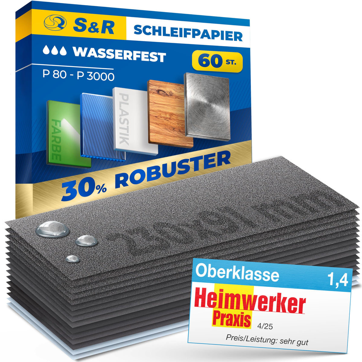 S&R Wasserfestes Schleifpapier Set 60 Stk, Schleifblätter, Schmirgelpapier