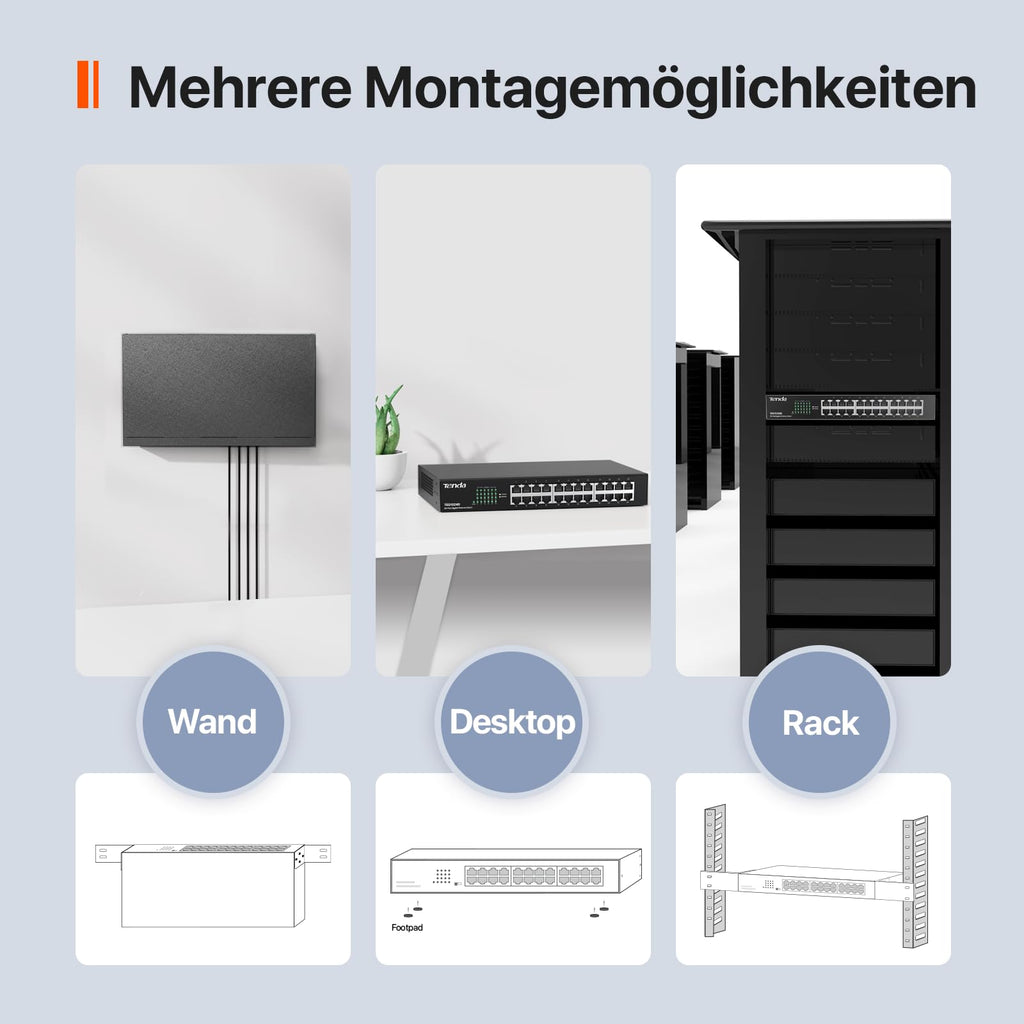 Tenda Gigabit Switch 24 Port Netzwerk Switch 19 Zoll Rackeinbau LAN Switch