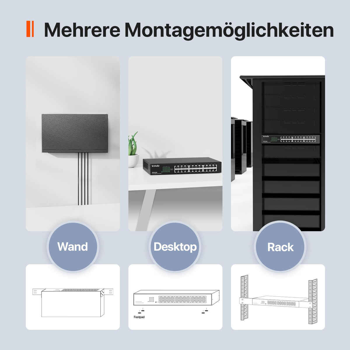 Tenda Gigabit Switch 24 Port Netzwerk Switch 19 Zoll Rackeinbau LAN Switch